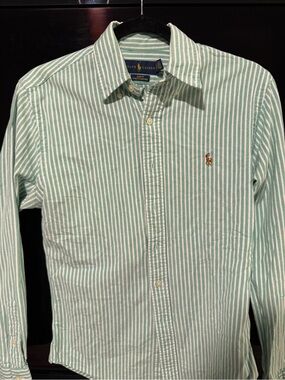 Ralph Lauren Green and White Striped Cotton Button-Down Shirt